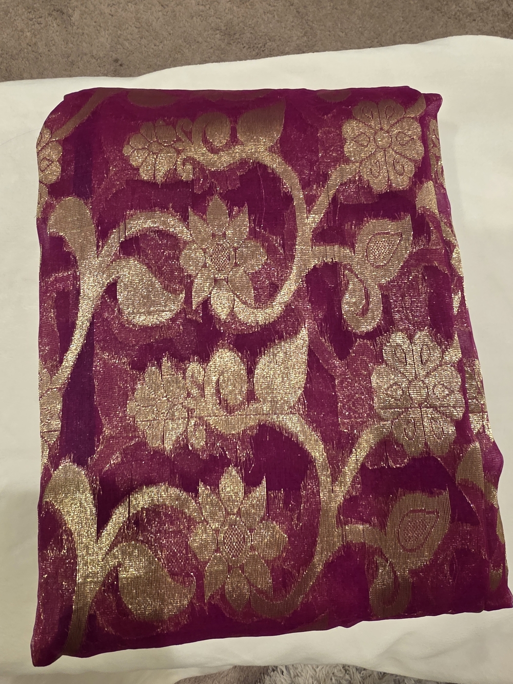 Gold Floral Brocade Saree on Deep Magenta Jamdani Silk